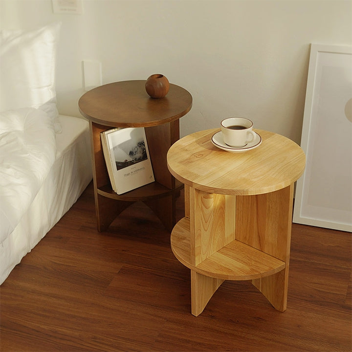Round Wood Side Table with Built-in Bookshelf