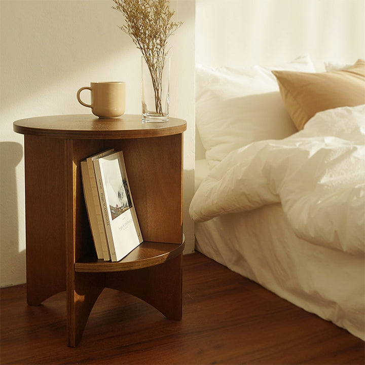 Round Wood Side Table with Built-in Bookshelf