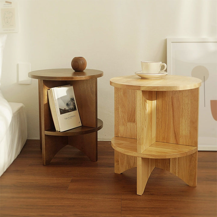Round Wood Side Table with Built-in Bookshelf