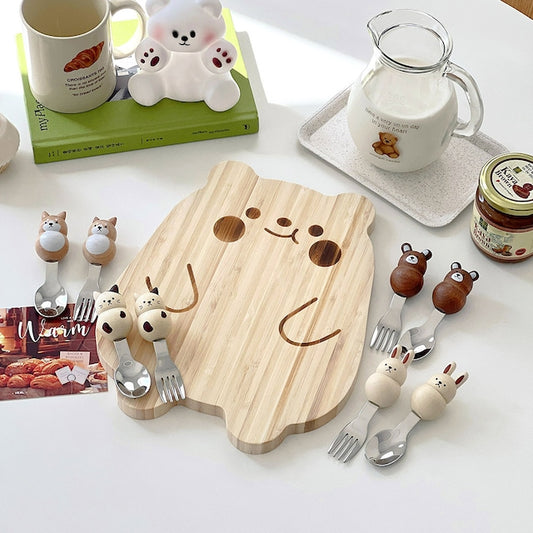 Chubby Animal Wood Handle Spoon & Fork Set (4-Piece)
