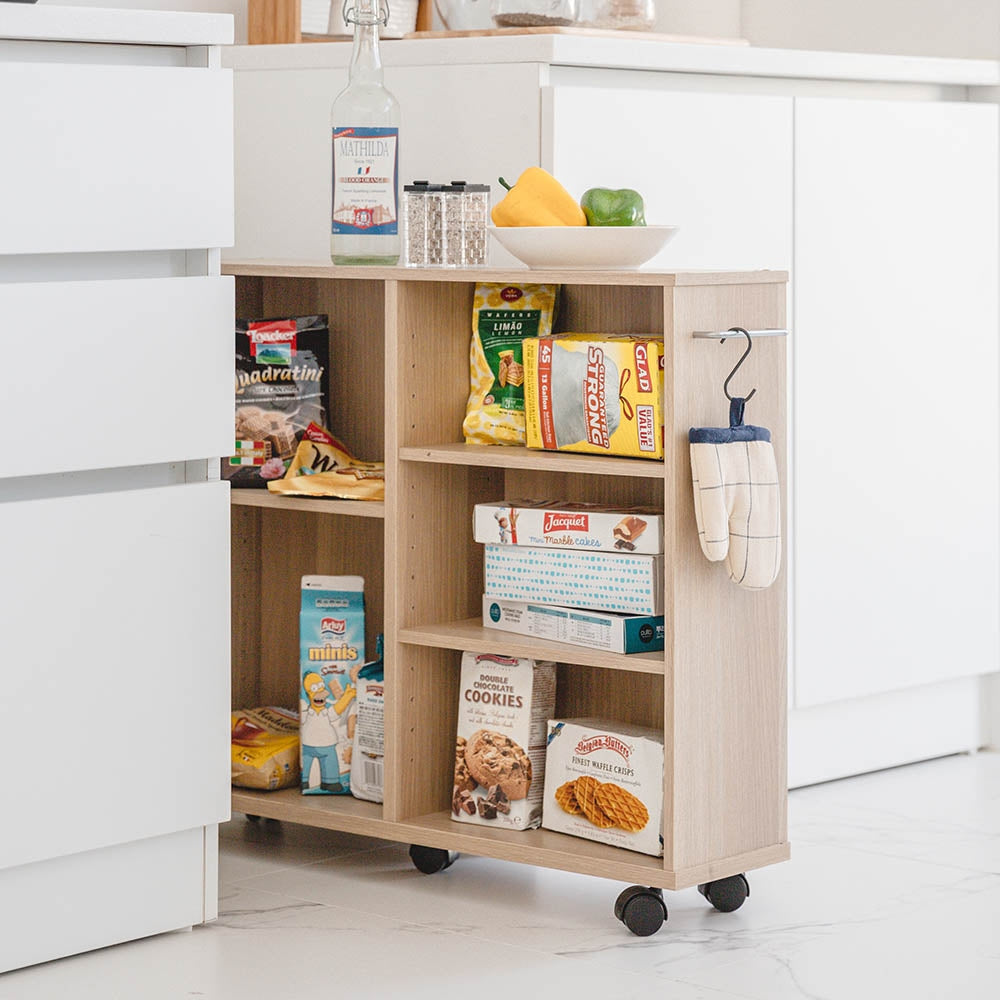 Slim Rolling Wood Utility Cart with Side Hook