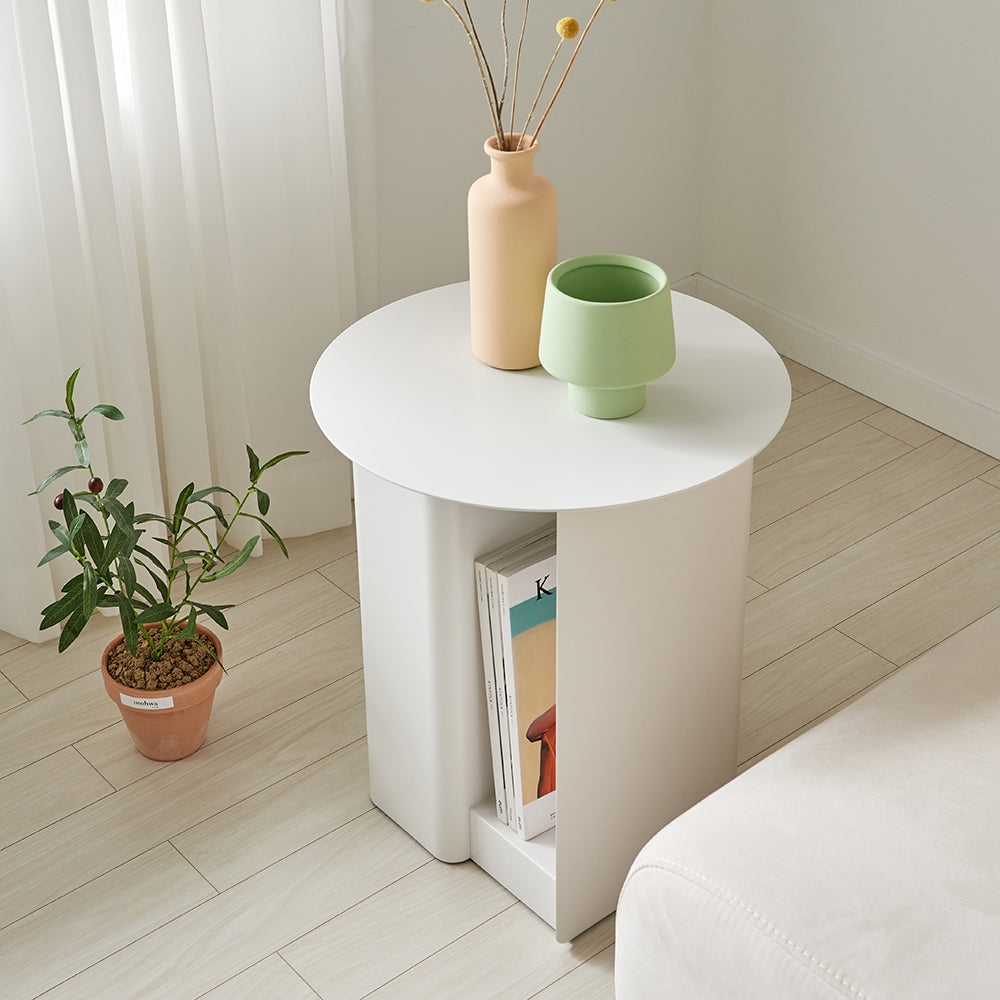 Round Side Table with Built-In Bookshelf