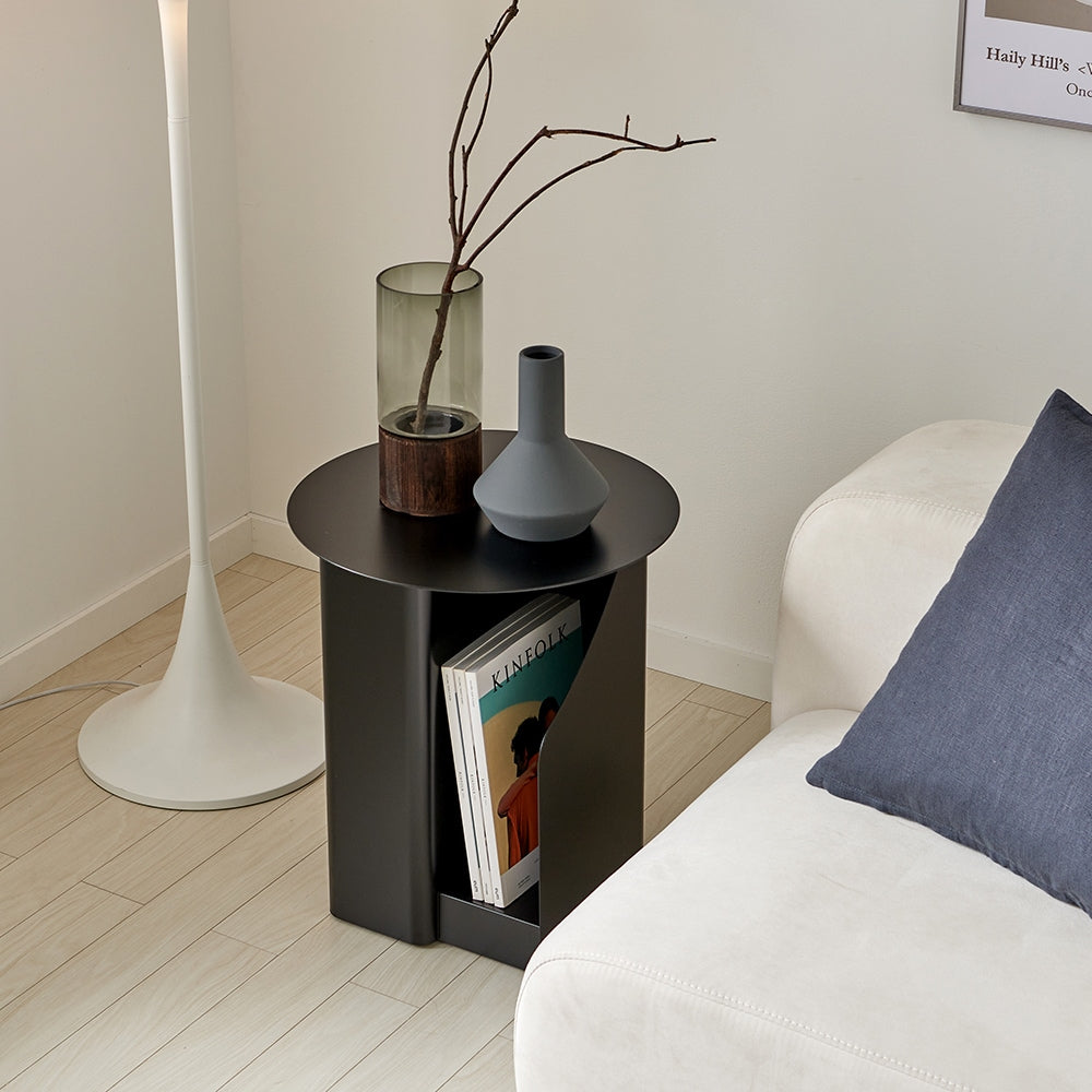 Round Side Table with Built-In Bookshelf