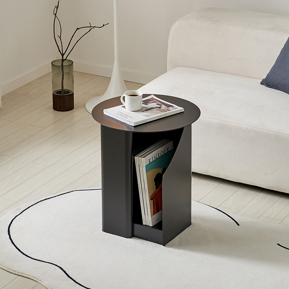 Round Side Table with Built-In Bookshelf