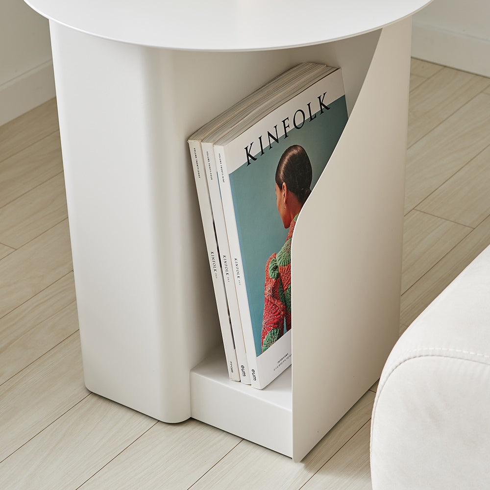 Round Side Table with Built-In Bookshelf
