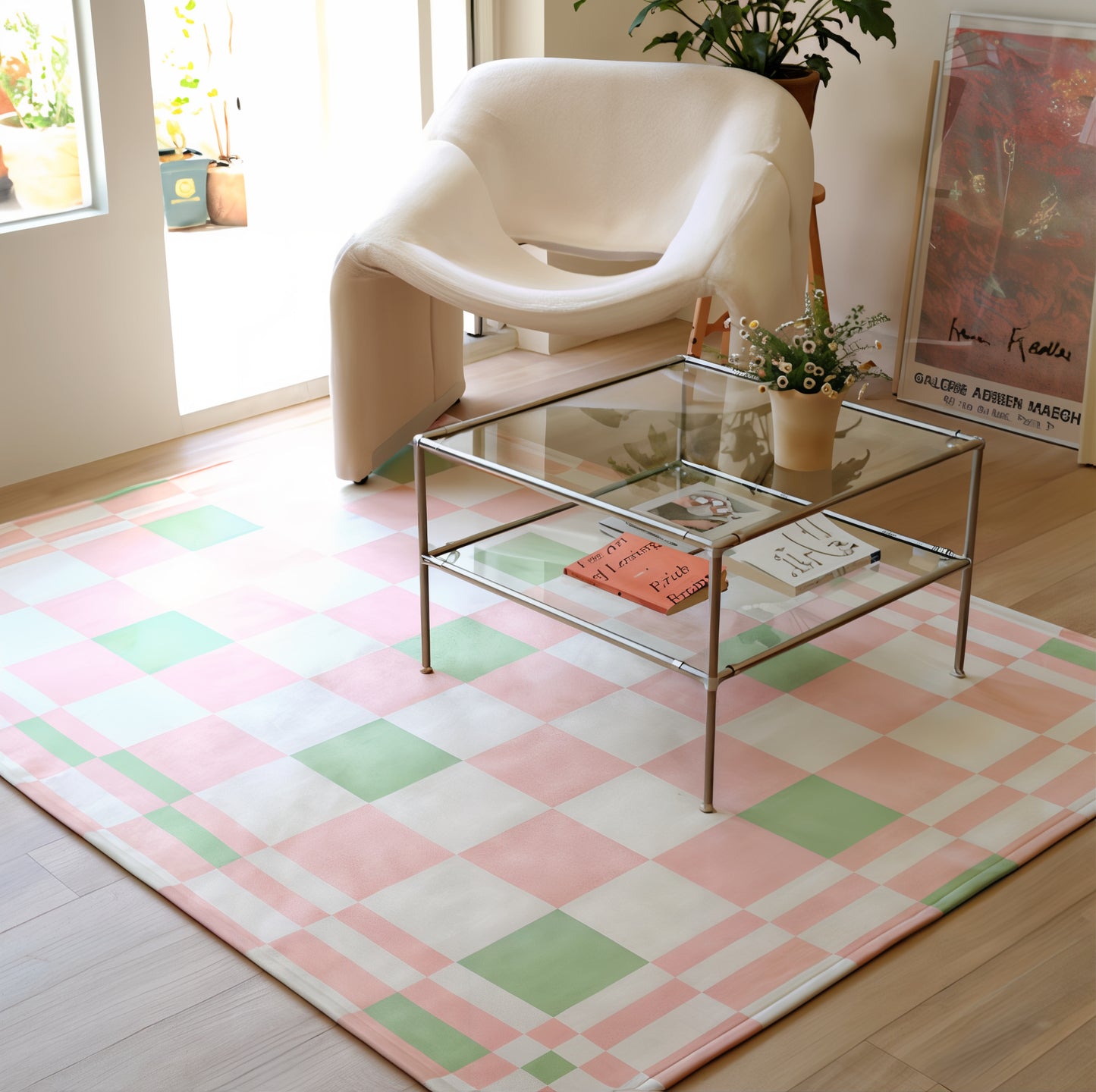 Green-pink Checkerboard Rug