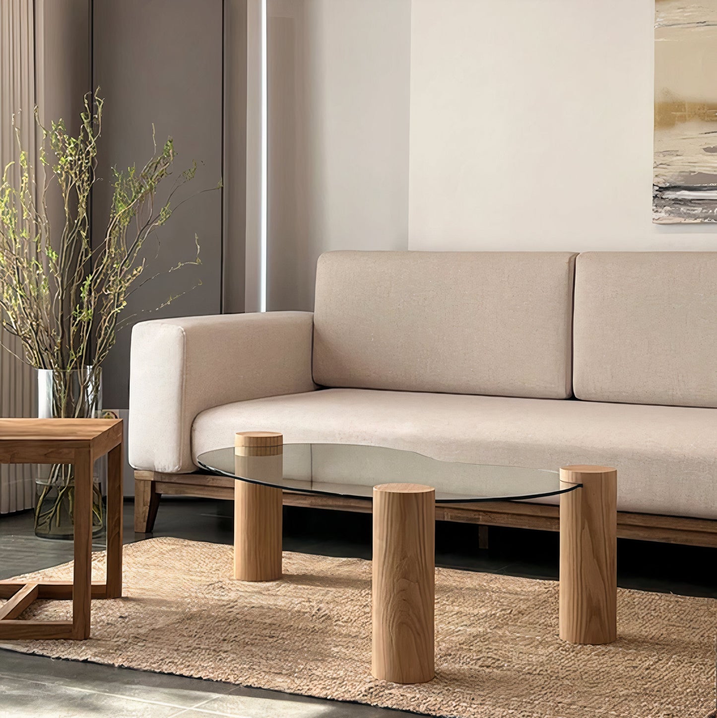Glass Coffee Table with Wooden Legs