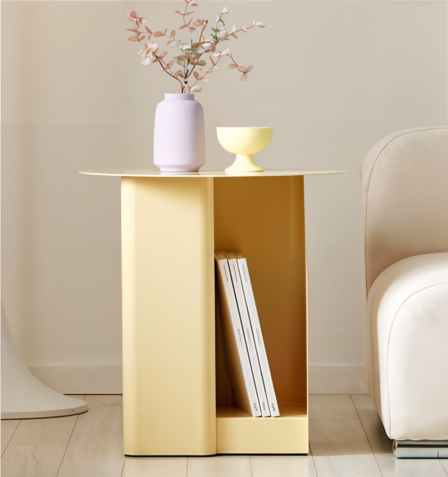 Round Side Table with Built-In Bookshelf