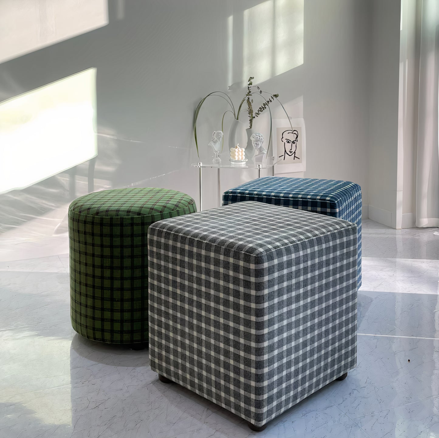 Check Pattern Fabric Stool
