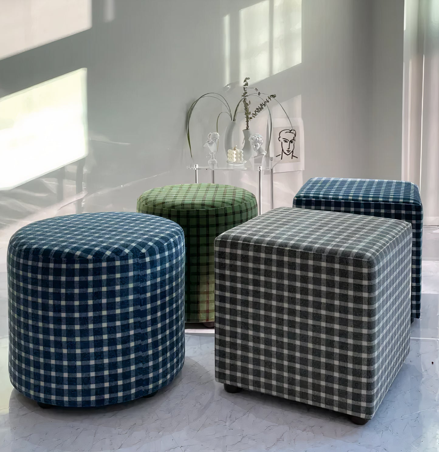 Check Pattern Fabric Stool