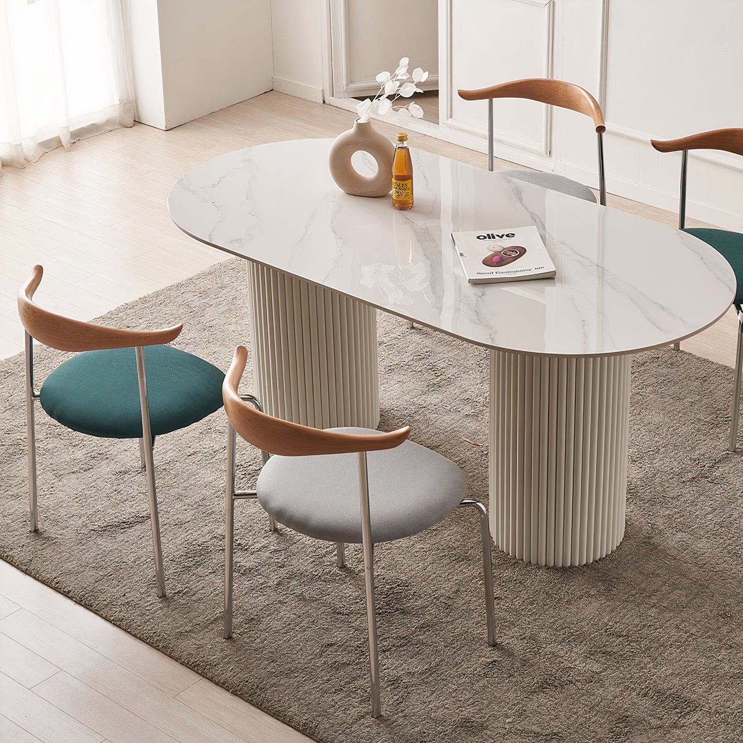 Oval Ceramic Dining Table with Fluted Legs