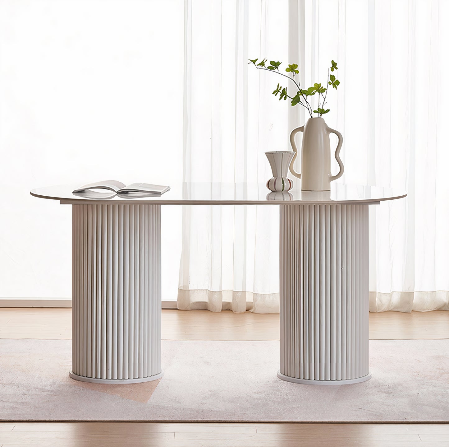 Oval Ceramic Dining Table with Fluted Legs