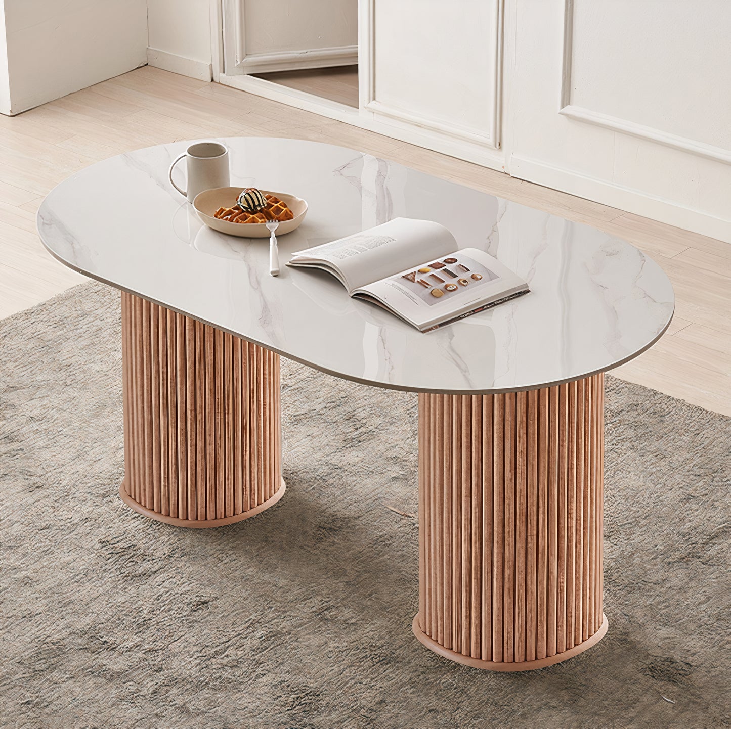 Oval Ceramic Dining Table with Fluted Legs