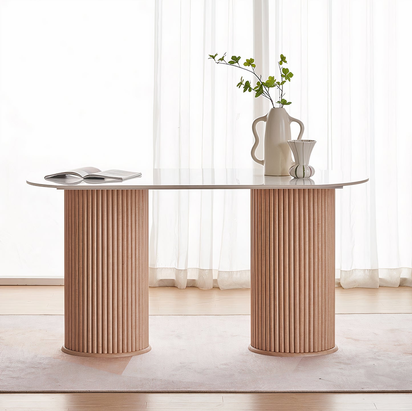 Oval Ceramic Dining Table with Fluted Legs