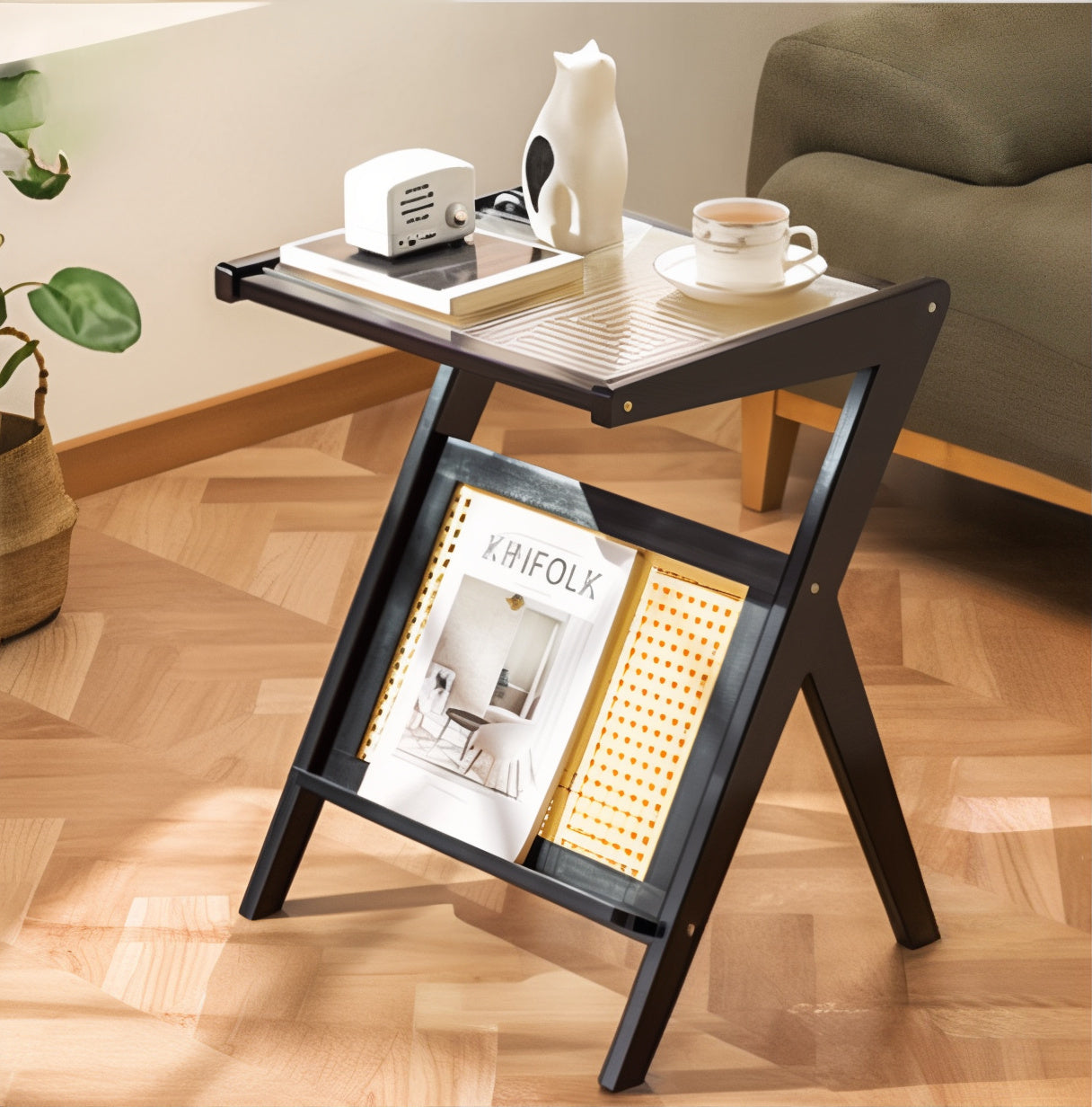 Bamboo Rattan Side Table with Magazine Holder