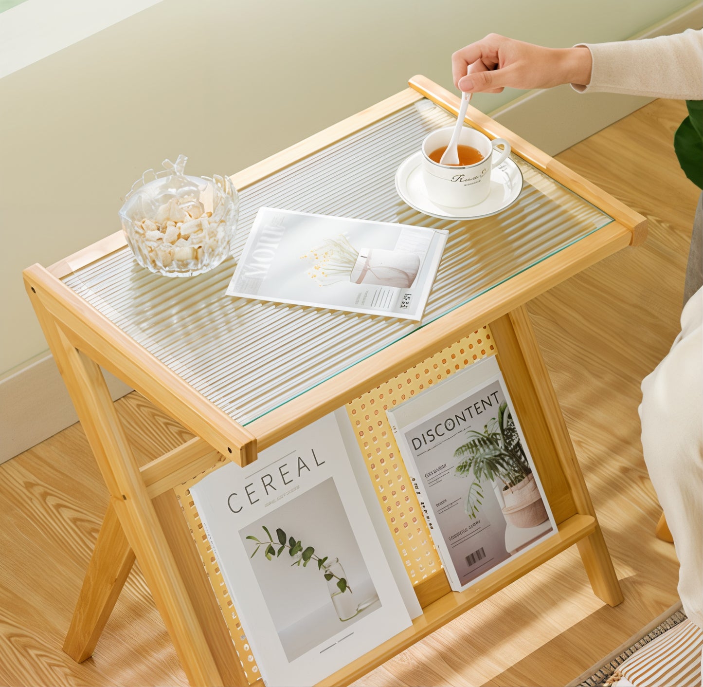 Bamboo Rattan Side Table with Magazine Holder