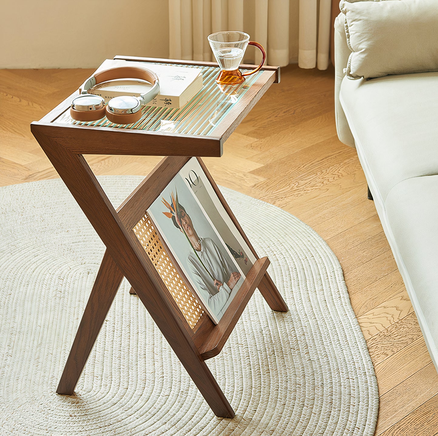 Bamboo Rattan Side Table with Magazine Holder