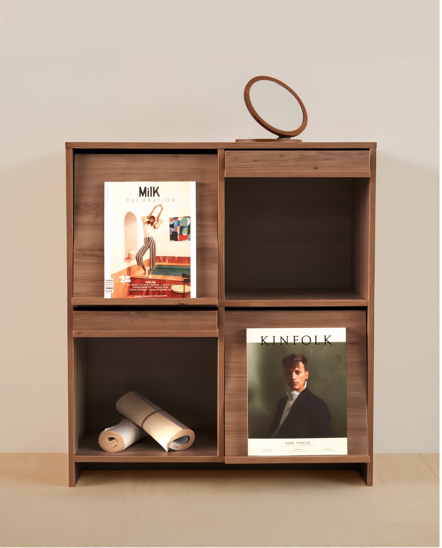 Cabinet with Flip-Up Doors and Magazine Display Panels