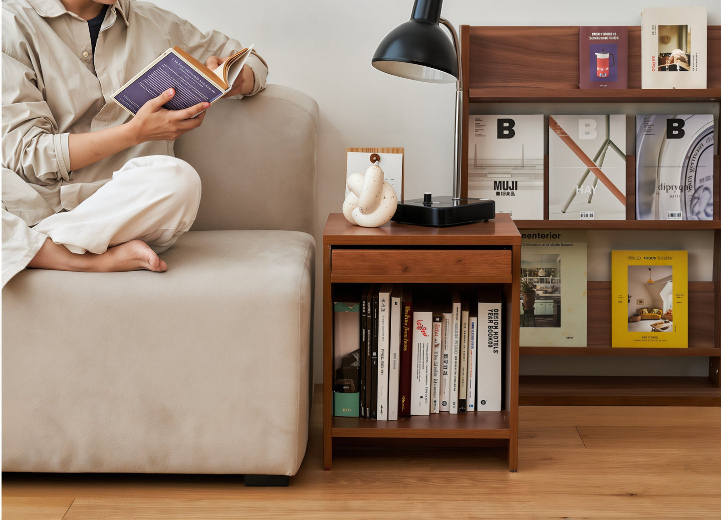 Wooden Bedside Table with Front Magazine Rack