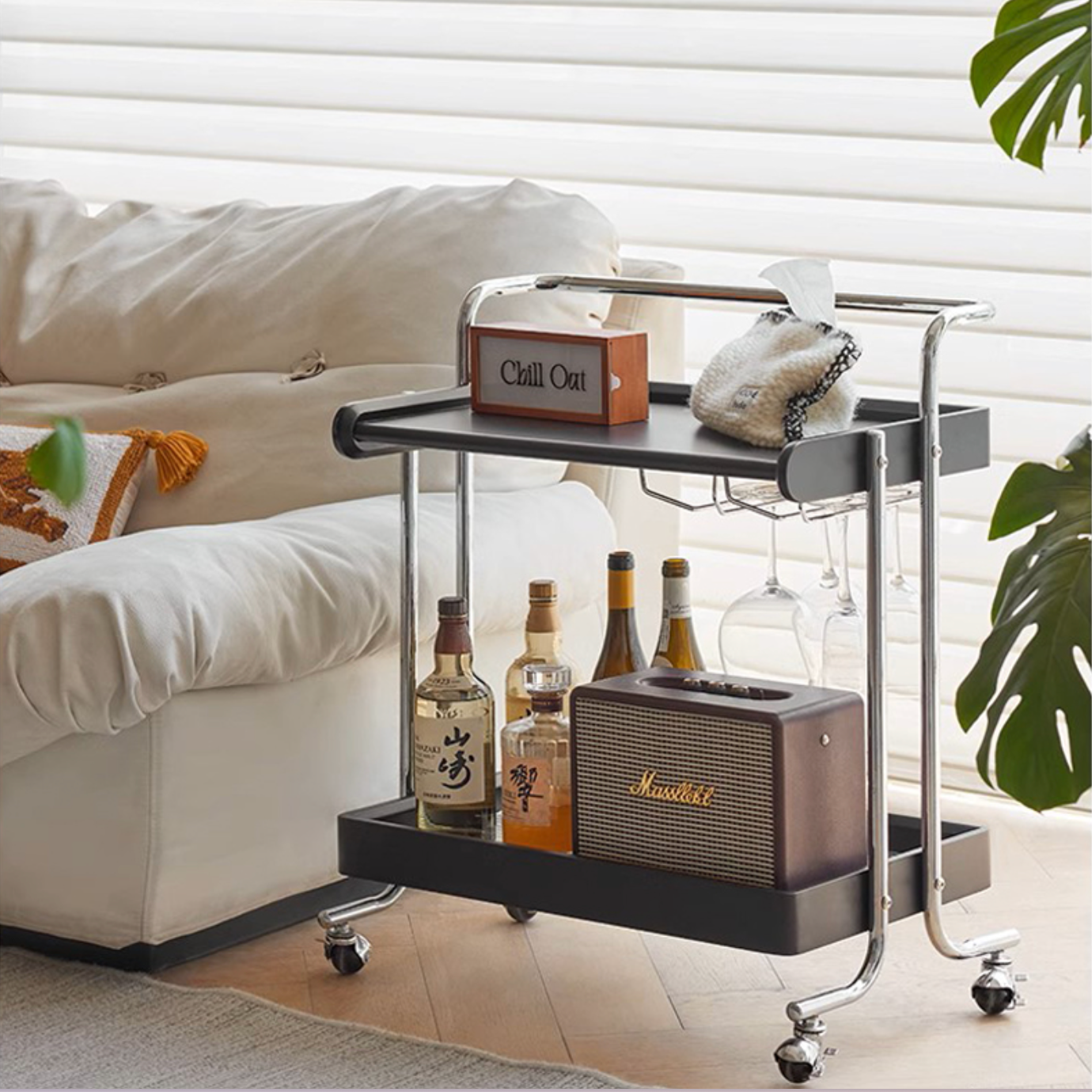 Antique Wood Trolley with Glass Rack