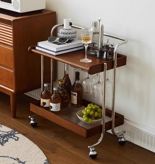 Antique Wood Trolley with Glass Rack