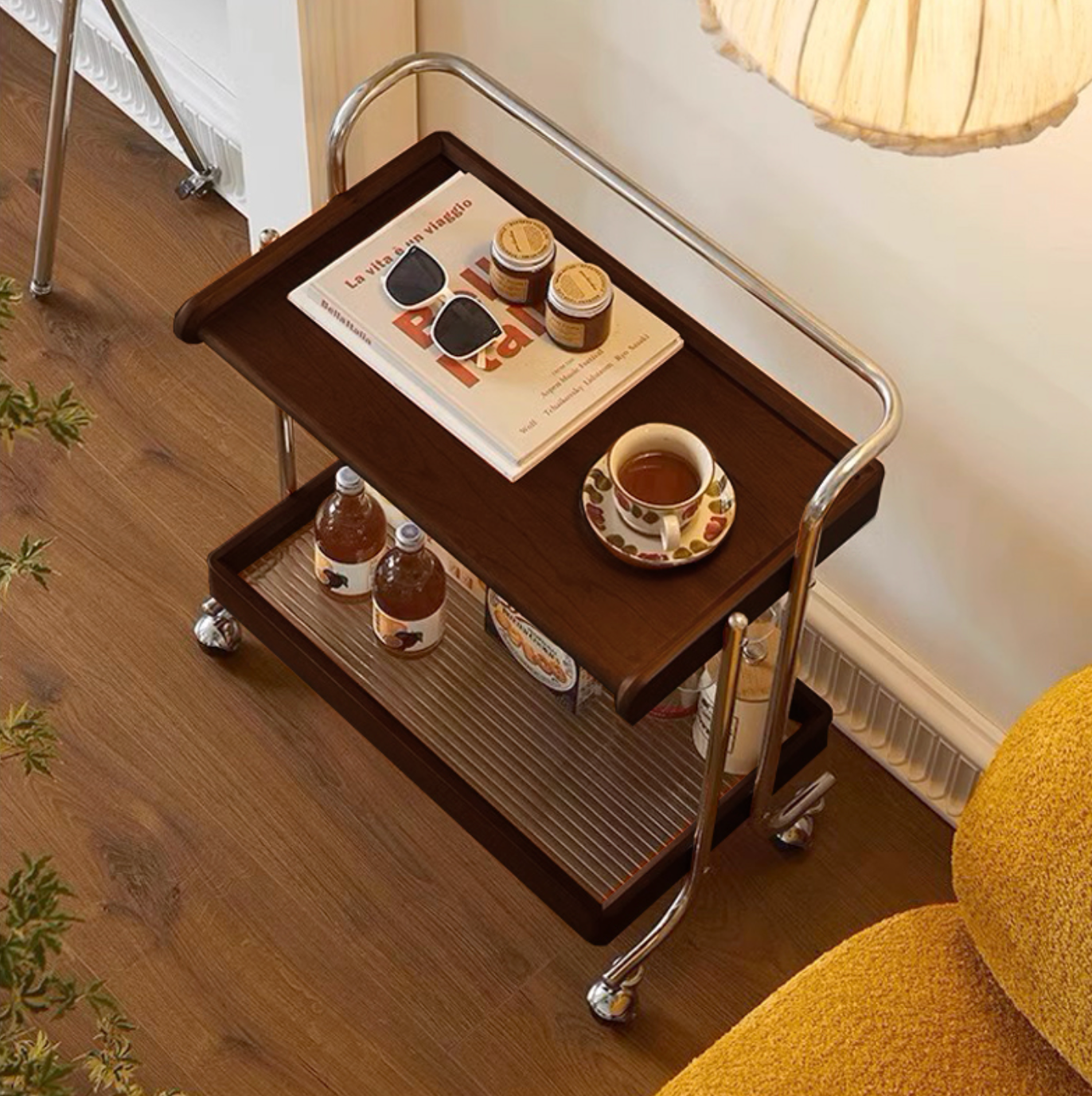 Antique Wood Trolley with Glass Rack