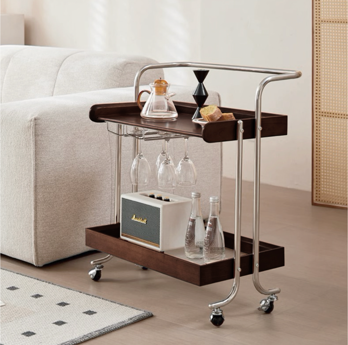 Antique Wood Trolley with Glass Rack