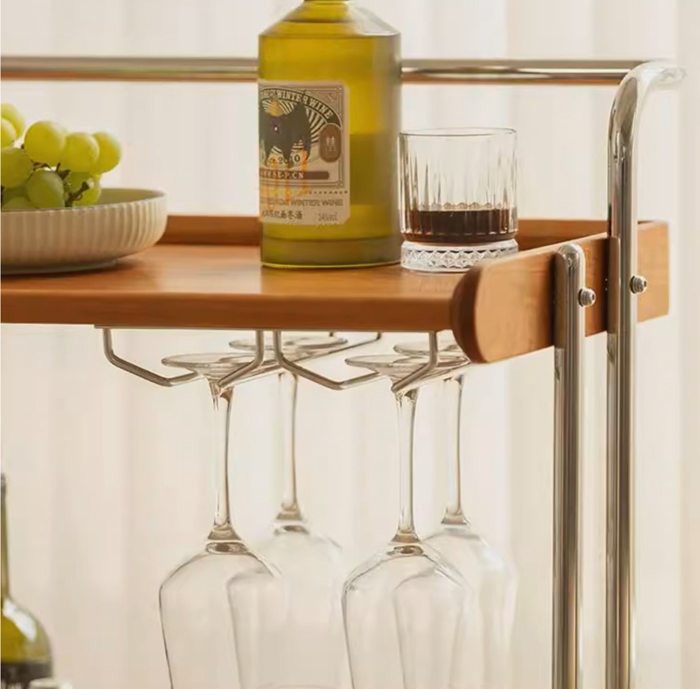 Antique Wood Trolley with Glass Rack