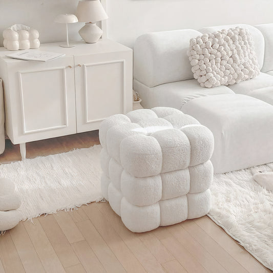 Cubic White Fabric Stool