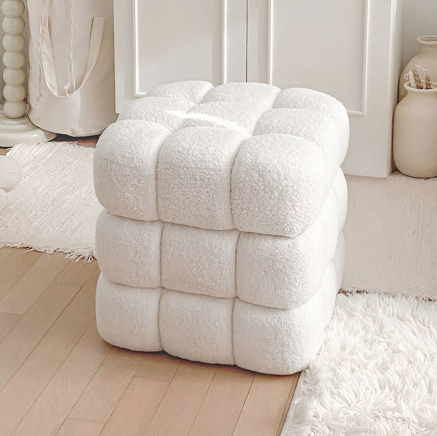 Cubic White Fabric Stool