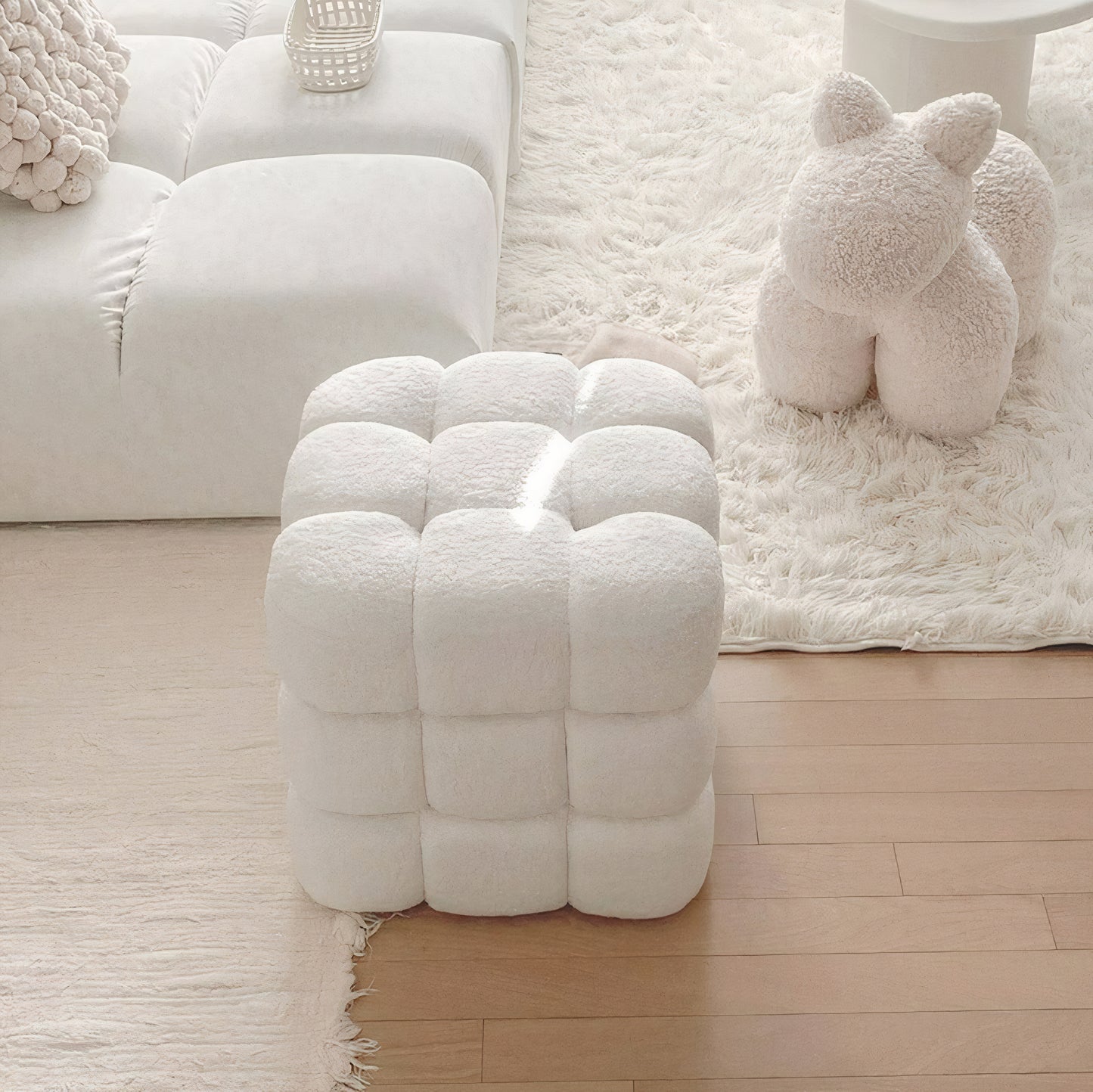 Cubic White Fabric Stool