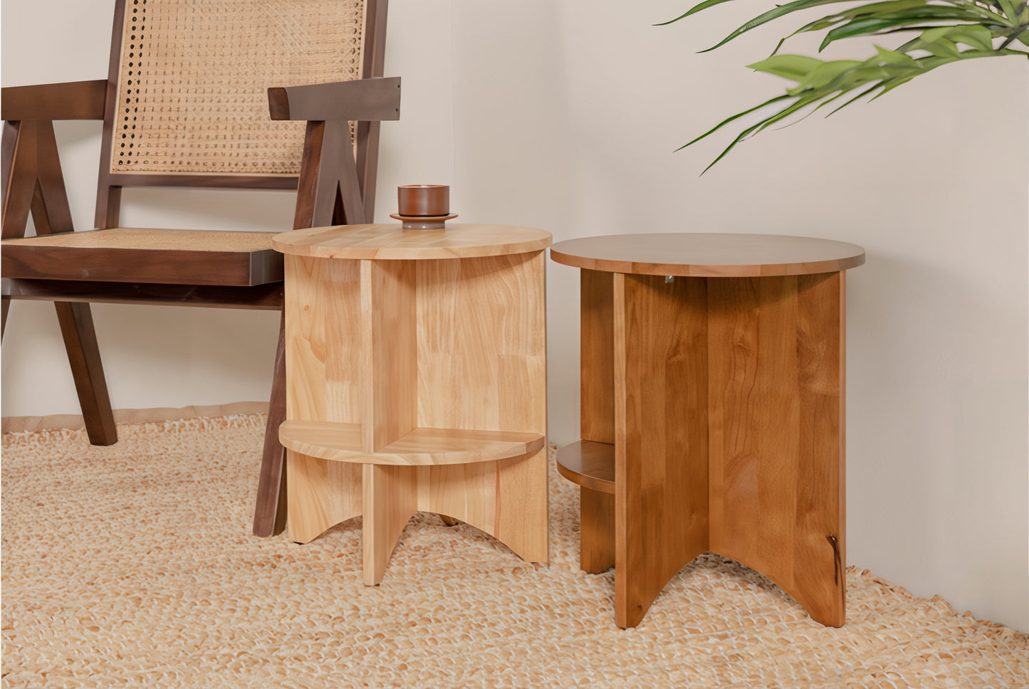 Round Wood Side Table with Built-in Bookshelf