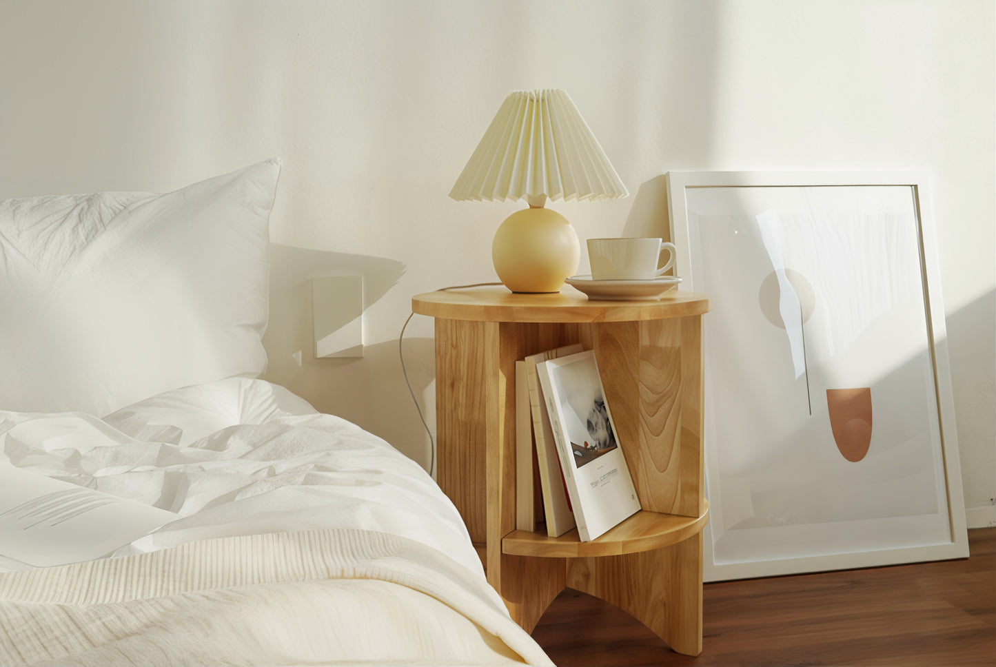 Round Wood Side Table with Built-in Bookshelf