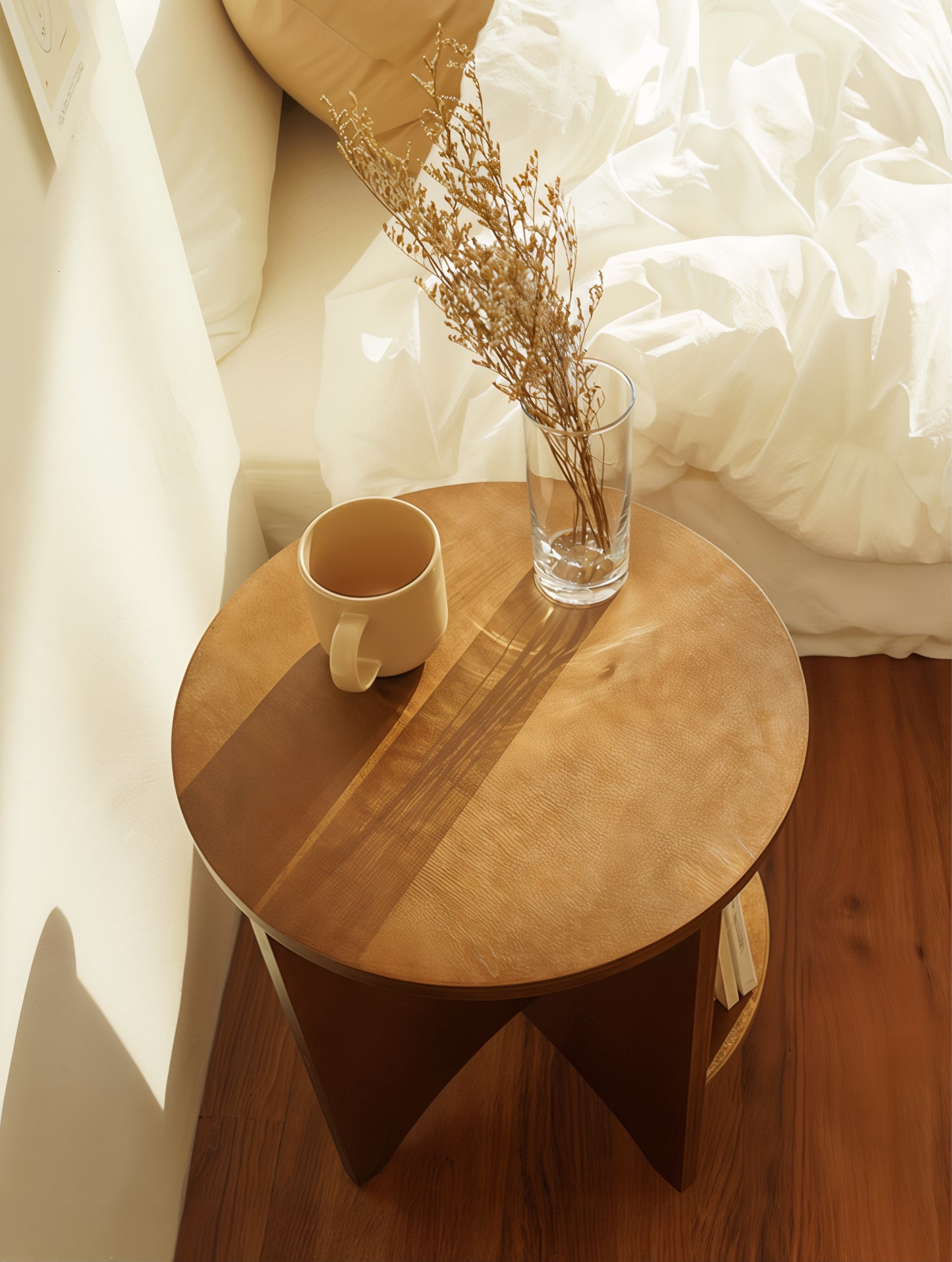 Round Wood Side Table with Built-in Bookshelf