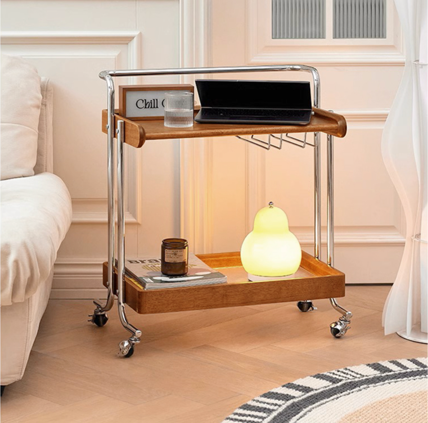 Antique Wood Trolley with Glass Rack