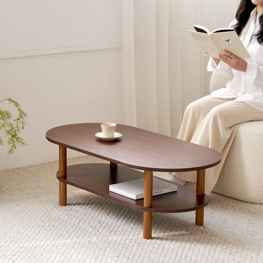 Walnut Oval Coffee Table with Storage Shelf