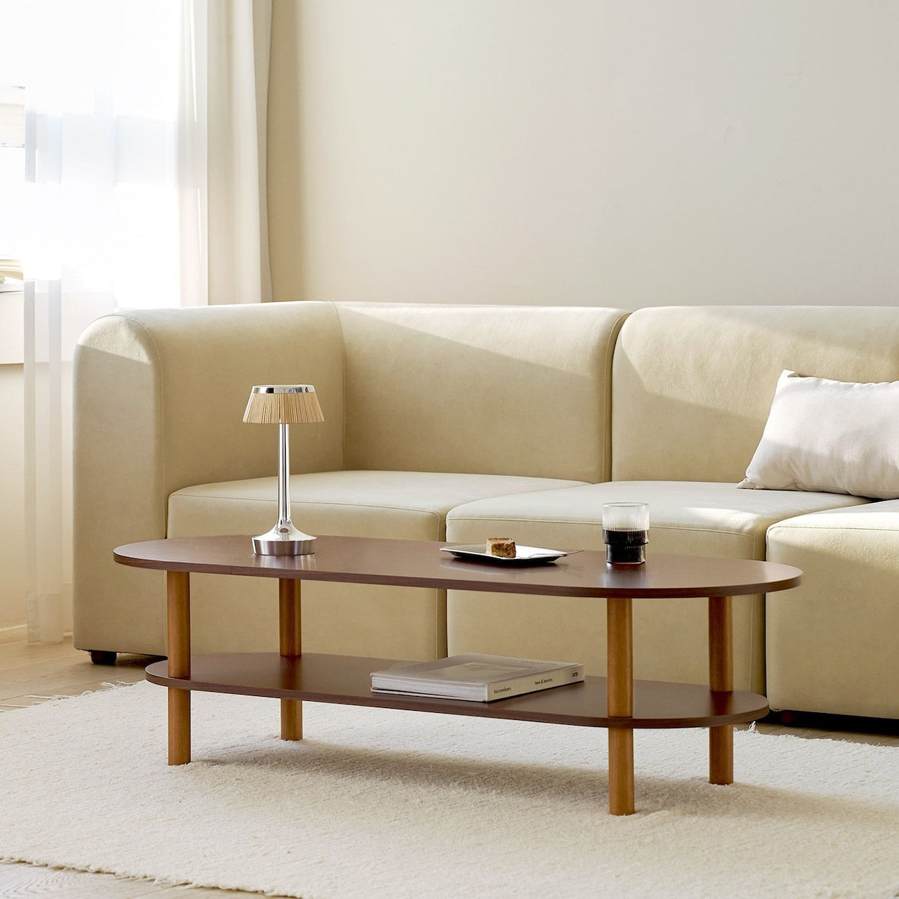Walnut Oval Coffee Table with Storage Shelf