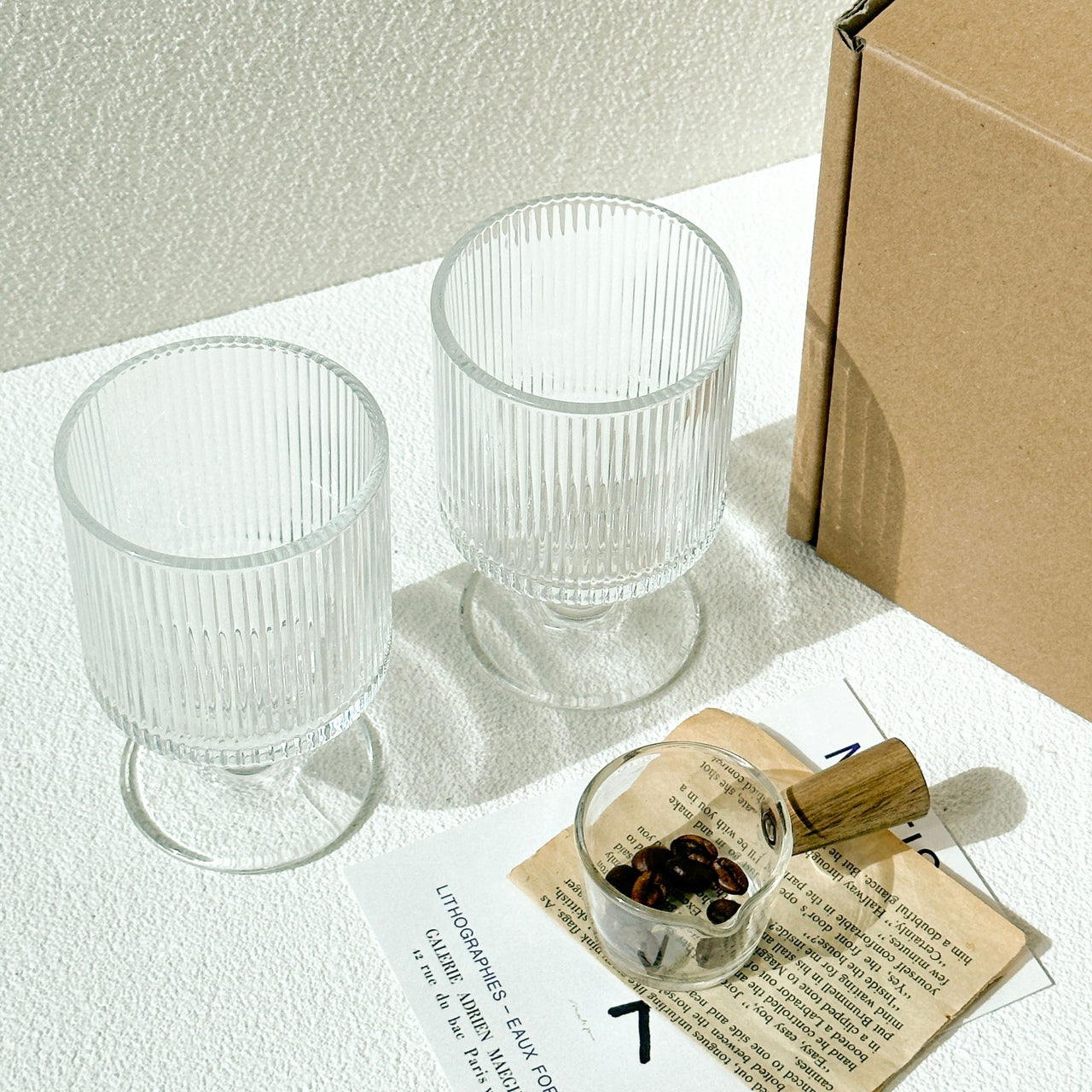 Fluted Goblet Glasses with Rattan Coasters – Set of 2
