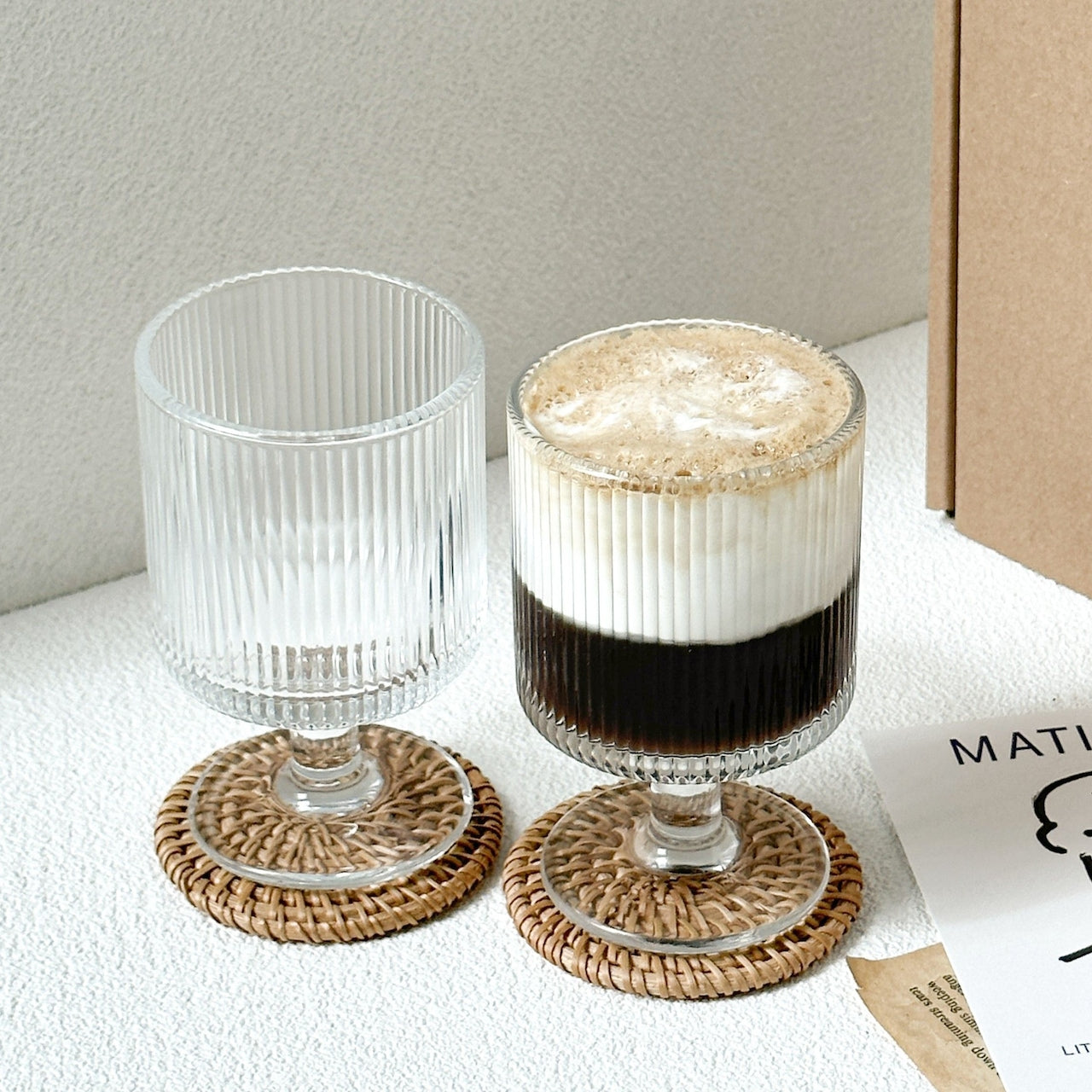 Fluted Goblet Glasses with Rattan Coasters – Set of 2