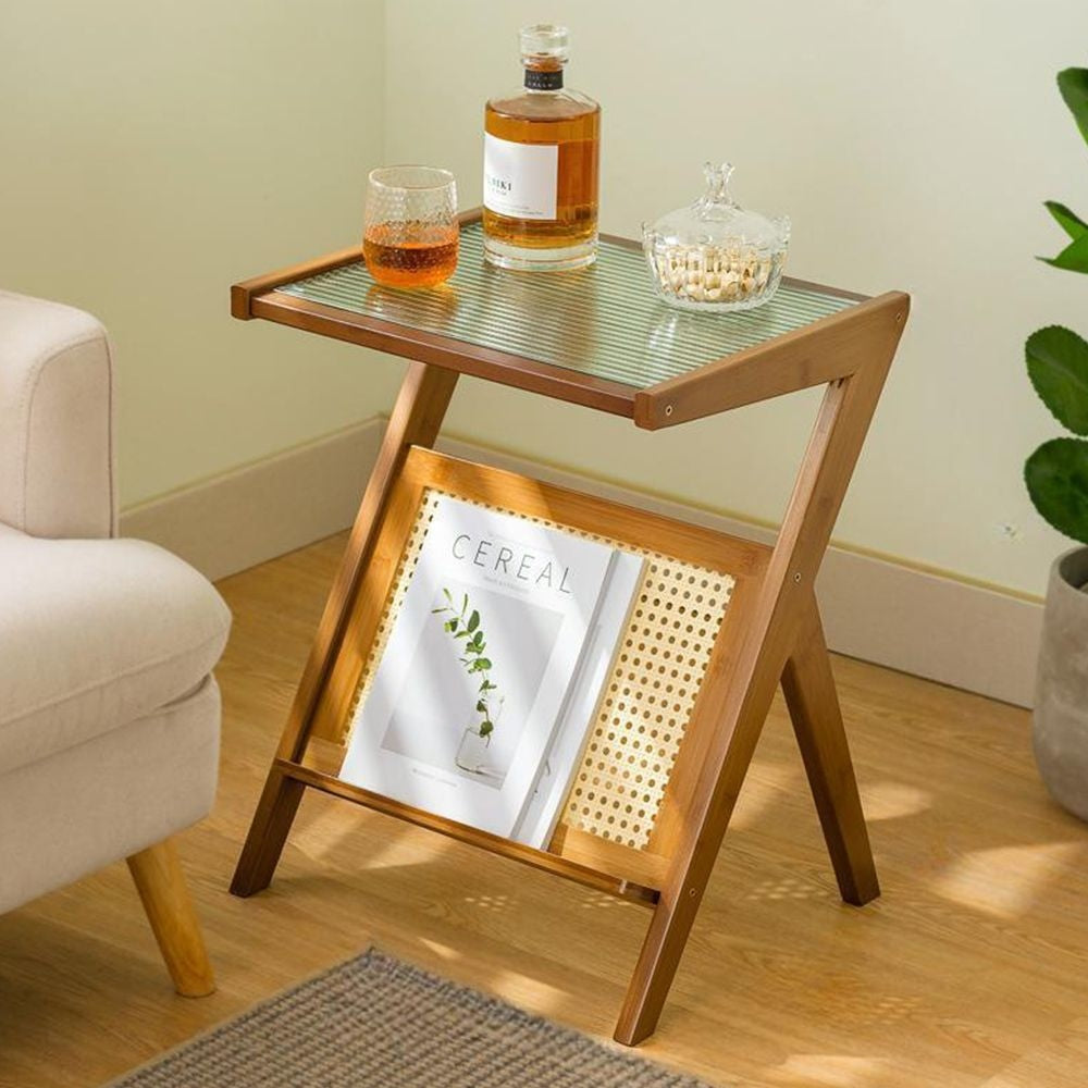Bamboo Rattan Side Table with Magazine Holder