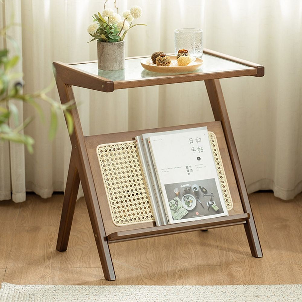Bamboo Rattan Side Table with Magazine Holder