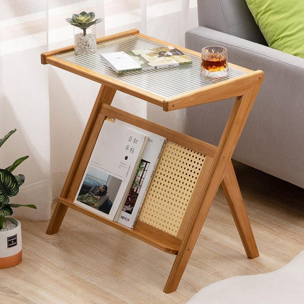 Bamboo Rattan Side Table with Magazine Holder
