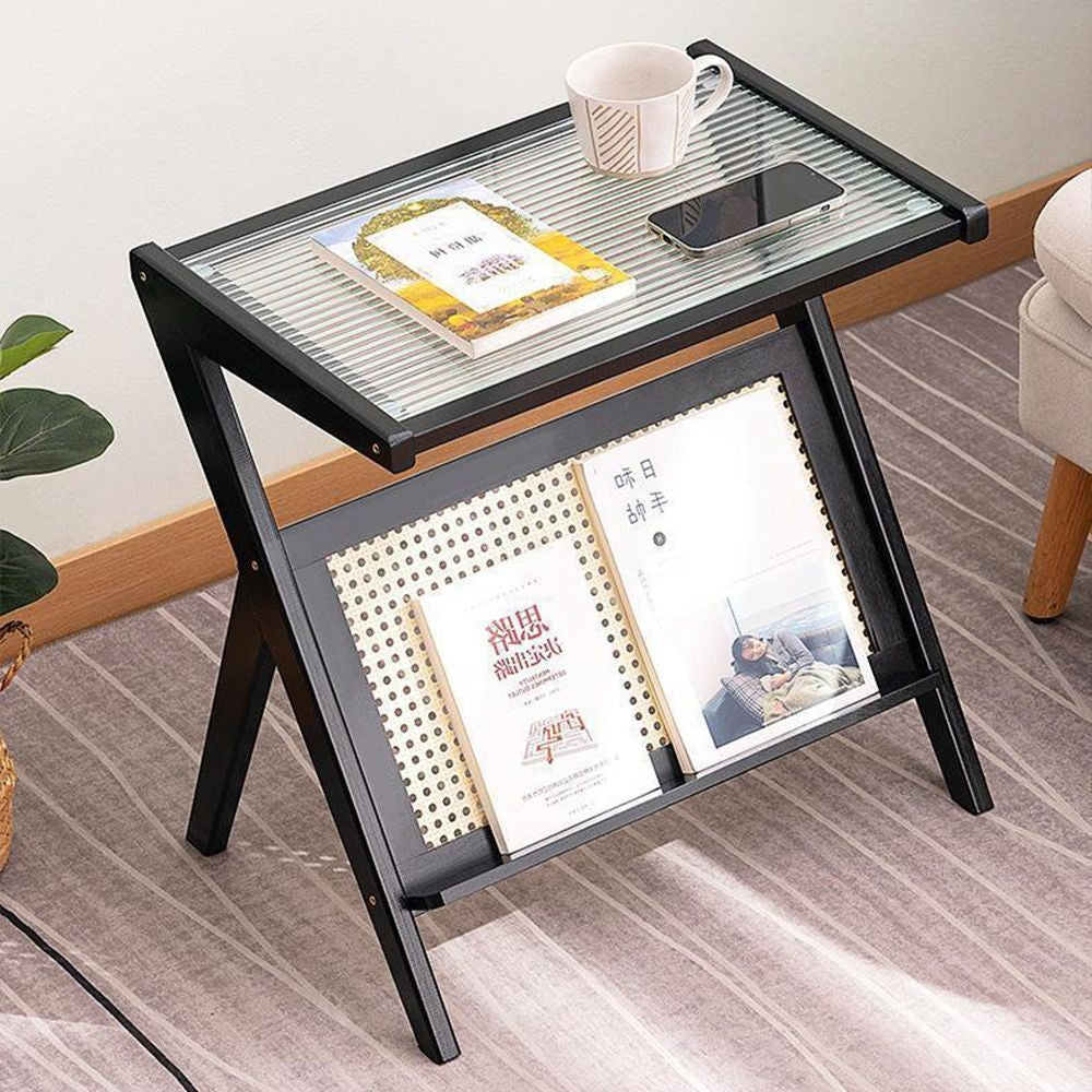 Bamboo Rattan Side Table with Magazine Holder