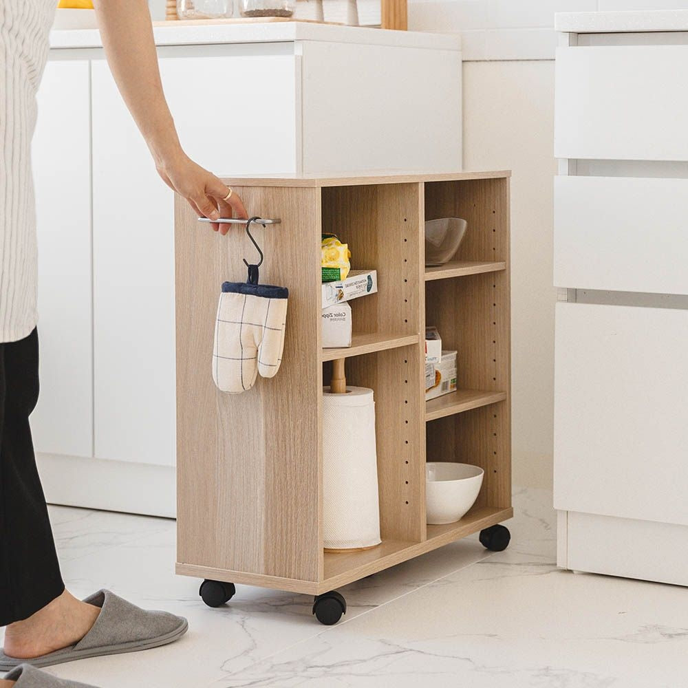 Slim Rolling Wood Utility Cart with Side Hook