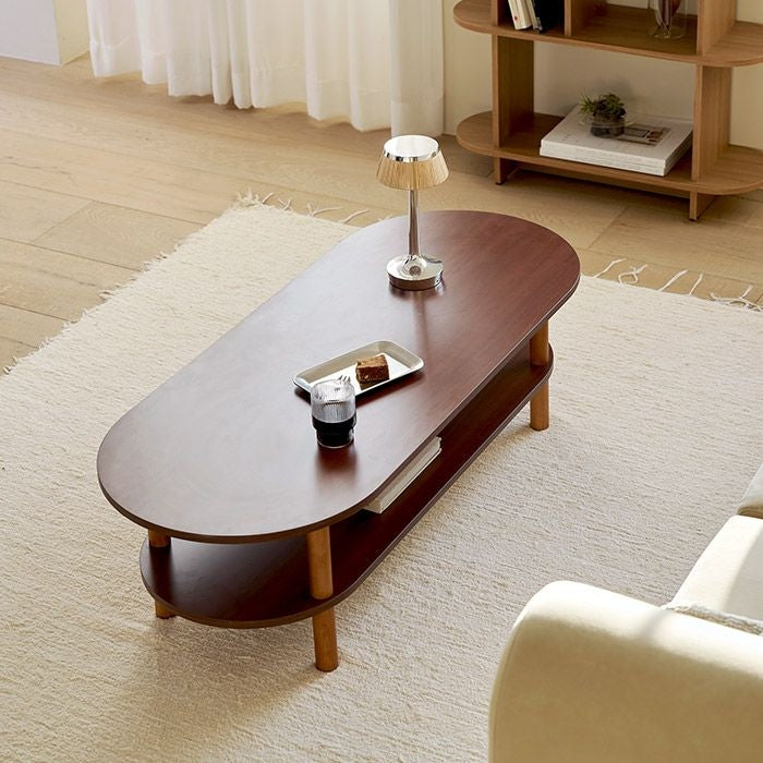 Walnut Oval Coffee Table with Storage Shelf