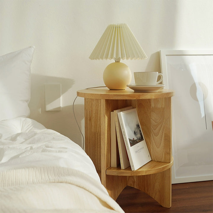 Round Wood Side Table with Built-in Bookshelf
