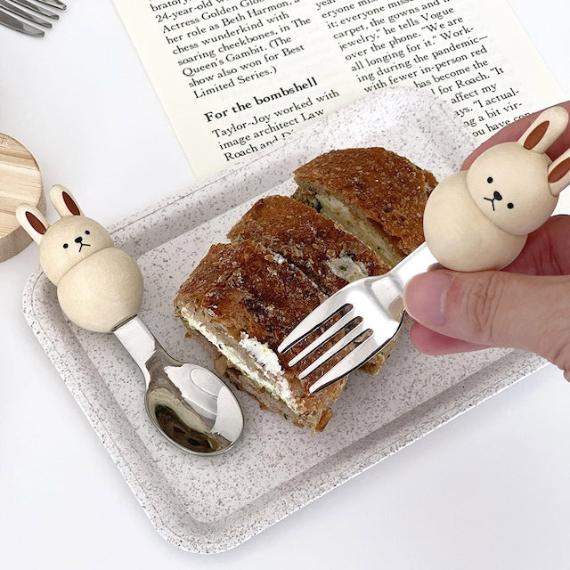 Chubby Animal Wood Handle Spoon & Fork Set (4-Piece)