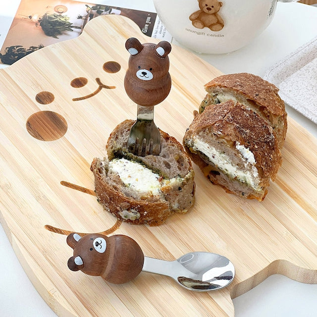 Chubby Animal Wood Handle Spoon & Fork Set (4-Piece)