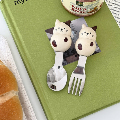 Chubby Animal Wood Handle Spoon & Fork Set (4-Piece)