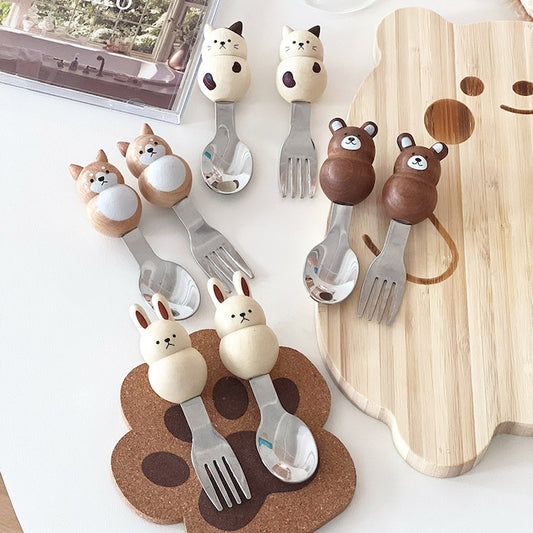 Chubby Animal Wood Handle Spoon & Fork Set (4-Piece)